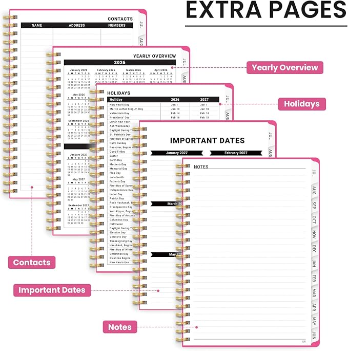 Taja Planner 2026-2027, Jul 2026-Jun 2027 Monthly & Weekly Calendar Book | 6.3" x 8.5", Hardcover Academic Calendar with Tabs, Teacher Student Agenda Book for School Office Supplies - Berry Pink