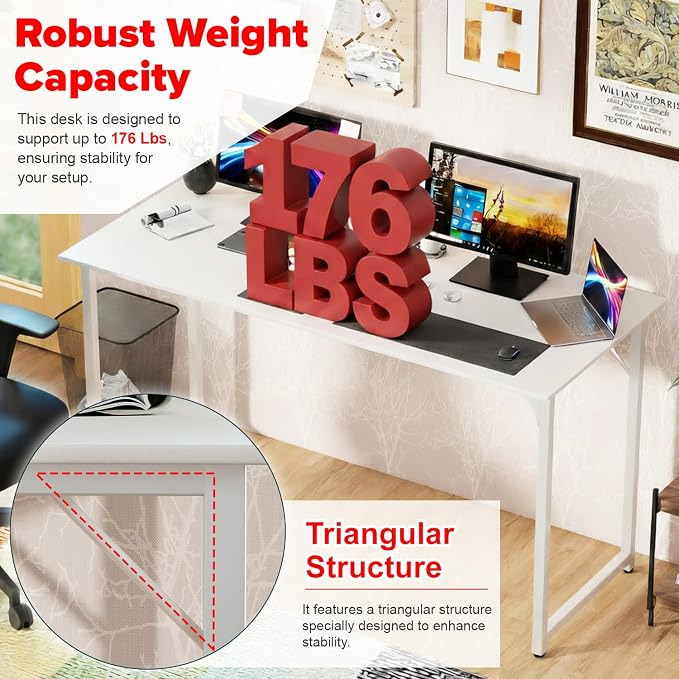 PayLessHere | 55 Inch Computer Desk | White | Office Desk with Metal Frame, Adjustable Feet | Water-Resistant, Scratchproof Surface | Sturdy Writing Table for Home Office or Study | Pack of 1