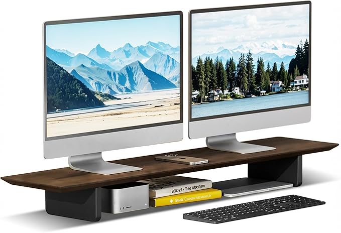 EXPERLAM Solid Wood Dual Monitor Stand Riser, 43 Inch Rubberwood Desk Shelf for Top of Desk, Wood Monitor Stand for Desk 2 Monitors up to 27", Desktop Organizer for Laptop, TV, Printer