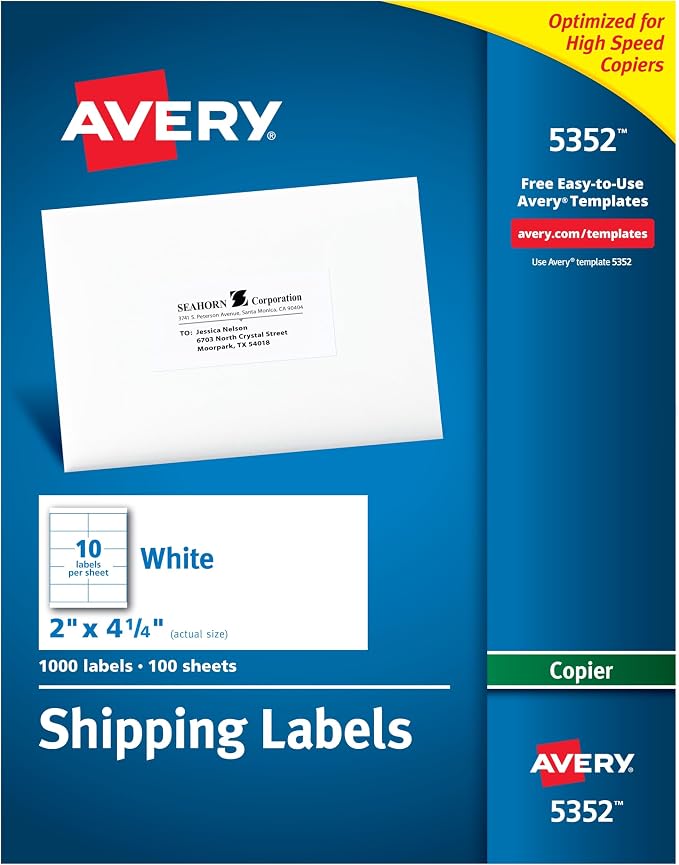 Avery Address Labels for Copiers, 2 x 4-1/4, 1,000 Labels, 5 Packs (5352)