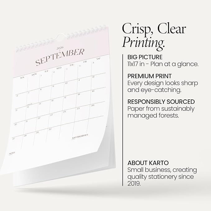Karto Wall Calendar 2026-2027 11x17 in - Banner Pink