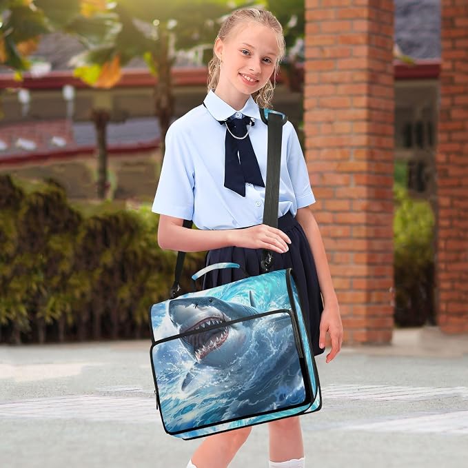 Cute Shark Blue Ocean Wave 3 Ring Binder Bag 1.5 inch Binder Organizer with Zipper Shoulder Strap 500 Sheet Documents Storage for School Office
