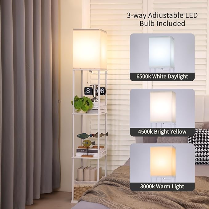 Gupuzm Floor Lamp with Shelves, Modern Square Standing Lamp with 3 Color Temperature Bulb, Corner Display Bookshelf Lamp for Living Room, Bedroom and Office（White）