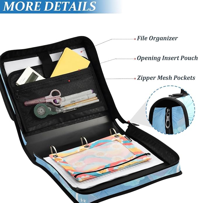 3 D-Ring Zipper Binder Bag, Light Blue Flowers Hibiscus Pattern Removable Binder with Zipper Case Hold 700+ Sheets& 13 Inch Laptop for School Office Supplies Organizer