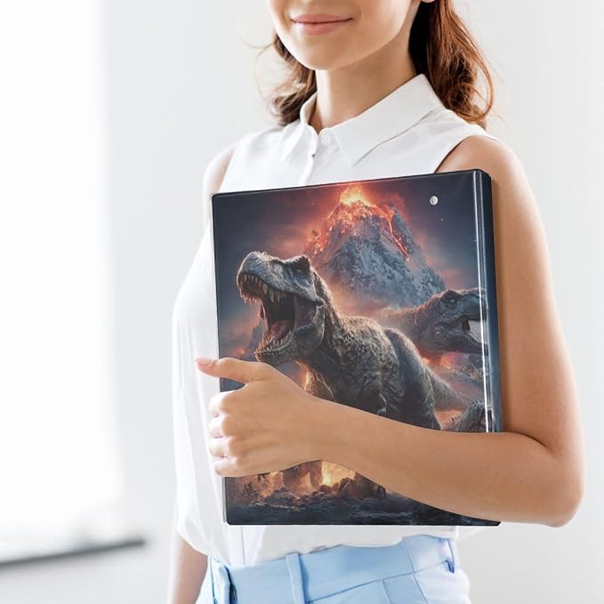 T. Rex Volcano and Dinosaur Binder 3 Ring 1.5 Inch Binder with Clipboard&Pockets, Hardcover Binders Heavy Duty Large File Folder for Office School Supplies - Holds 200 Sheets