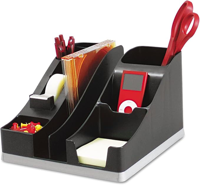 deflecto Silhouettes All-In-One Caddy, 6 Compartments, Plastic, 8.13 x 9.13 x 5.19, Black/Silver