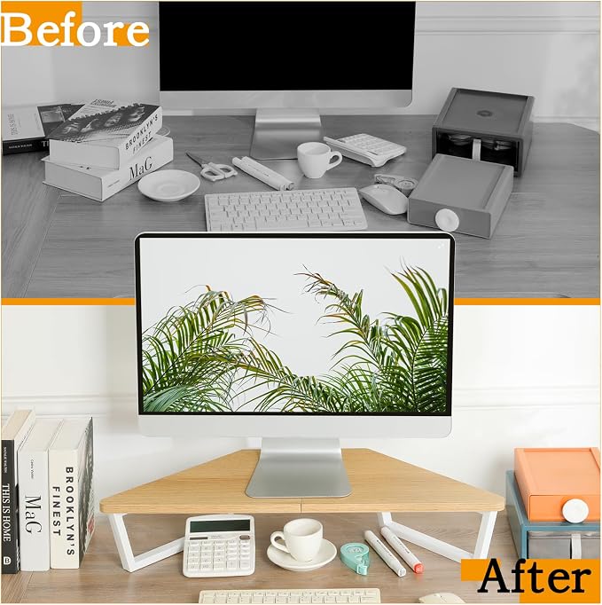 TEAMIX 26 inch Corner Monitor Stand Riser with Keyboard Storage, Maple | Triangle Monitor Stand, Wood & Metal Computer Stand, Laptop Riser, Desktop Organizer, for L Shaped Desk, Home Office & Gaming