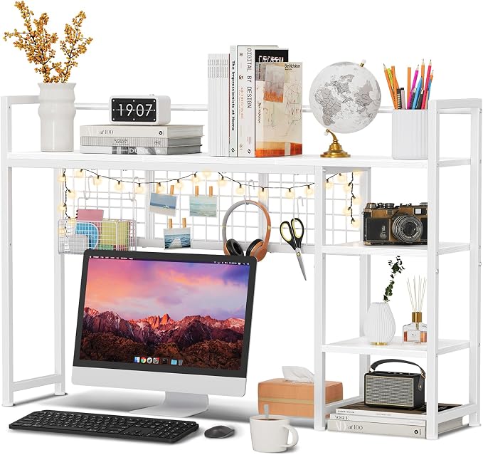 Snughome Desk Shelf, 44.9" Desktop Organizer Shelf, Desk Hutch for Computer Monitor, 4 Tier Desk Display Rack with Pegboard Hooks Set, Wood Desktop Bookshelf for Home Office Dorm