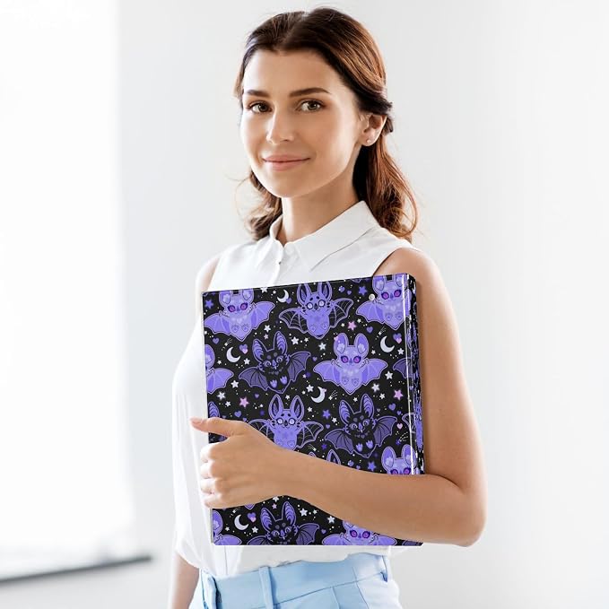 Cute Black Purple Moon Bat Binder 1.5 Inch Binder with Clipboard&Pockets, Cartoon Goth Bats Hardcover Binders 3 Ring Heavy Duty Large File Folder for Office School Supplies - Holds 200 Sheets