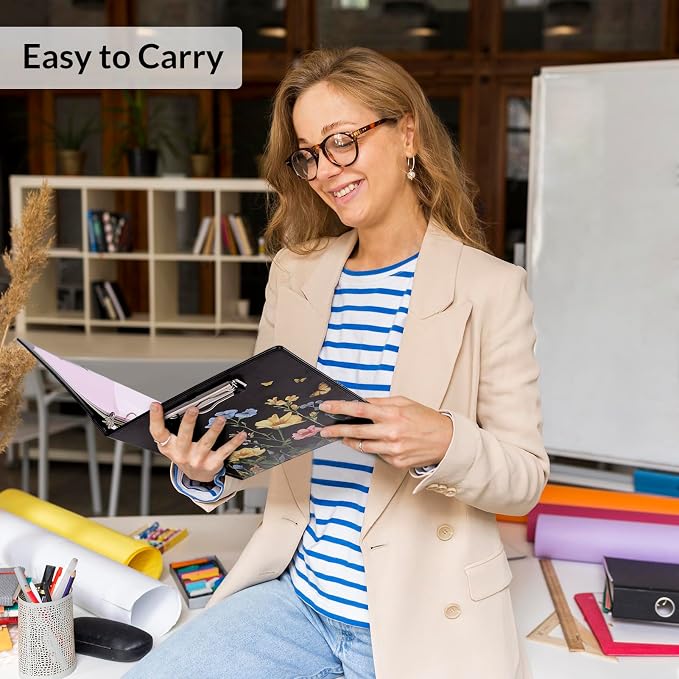SKYDUE 1 Inch 3-Ring Binder with Clipboard, PU Aesthetic Binder with 5 Dividers, Notepad, Stickers & Pockets for Work and School (Letter Size)