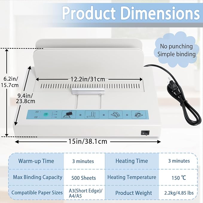 Thermal Binding Machine 500 Sheets Capacity, Book Binding Material | 110V Binding Machine A3(Short Edge)/A4/A5 Document Heat Binder with 10Pcs Covers (Black)