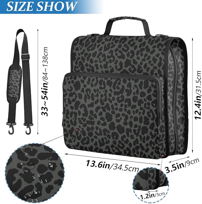 ALAZA Zipper Binder 3 Ring Dark Gray Leopard Cheetah Print Binder Organizer with Zipper and Shoulder Strap Large Capacity Multi-Pocket Trapper Keeper File Folder for Office Supplies