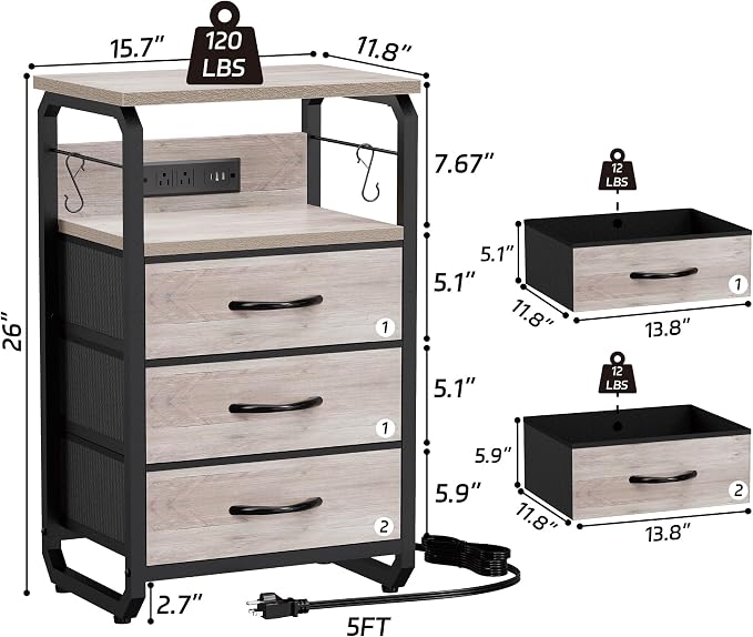 runjuly End Table Small with LED Light, Charging Station, and Hooks, Beige | 3 Fabric Drawer Storage, Type C & USB Ports & Power Outlets, Wooden Metal Nightstand, for Living Room / Bedroom / Dorm