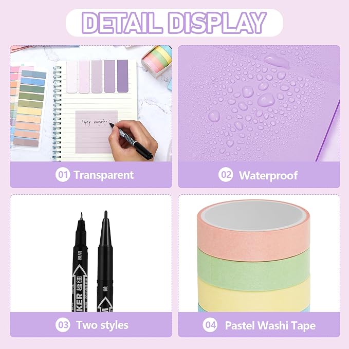 Sinload 60 Pcs Aesthetic Book Annotation Kit School Supplies Cute Pencil Case Mini Stapler Set 12 Highlighter 5 Gel Pen 6 Pencil 5 Magnetic Bookmark 1220 Sticky Note Student Stationary(Purple)