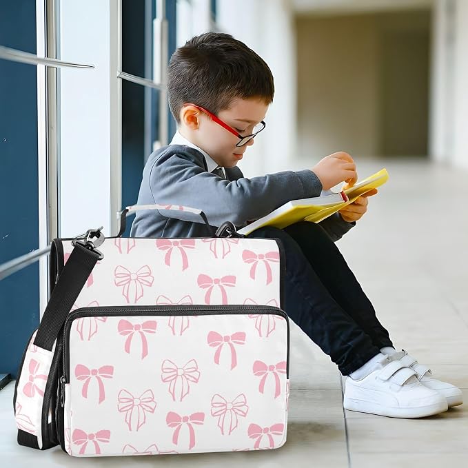 Bow Knot Pink Doodle Zipper Binder with Shoulder Strap Trapper Keeper 3 Ring Binder Organizer Large Capacity Multiple Compartments for School Office