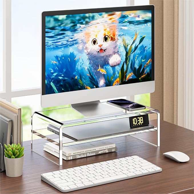 Egchi Clear Acrylic Monitor Stand Riser 2 Tier, 5.12 Inches High Clear Computer Desk Organizer Shelf for Multi Media PC Storage Laptop | Clear, Desk Shelf, for Multi Media PC Storage, Laptop Stand