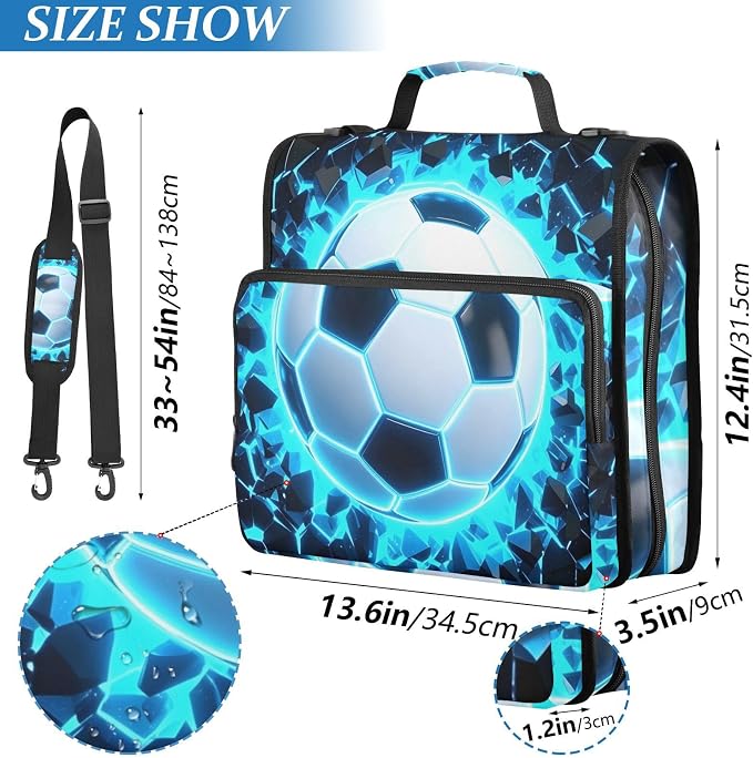 3D Soccer Football Blue 3 Ring Binder Bag 1.5 inch Binder Organizer with Zipper Shoulder Strap 500 Sheet Documents Storage for School Office