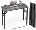 TEMI Small Computer Desk Folding Table - No Assembly, Compact 35.8" Foldable Desk with Power Outlets & USB Charging Port, Portable Small Office Desk, Ideal Mini Study Table, Marble Greige