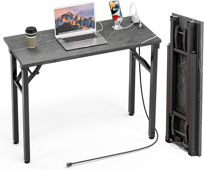 TEMI Small Computer Desk Folding Table - No Assembly, Compact 35.8" Foldable Desk with Power Outlets & USB Charging Port, Portable Small Office Desk, Ideal Mini Study Table, Marble Greige