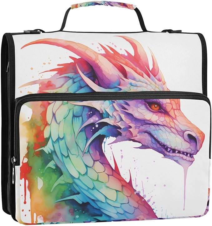Colorful Dragon 3 Ring Binder Bag 1.5 inch Binder Organizer with Zipper Shoulder Strap 500 Sheet Documents Storage for School Office