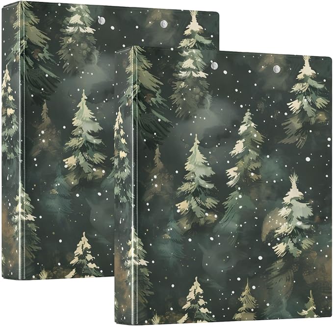 Winter Green Christmas Tree 3 Ring Binder with 2 Interior Pockets 1.5 inch Binders 3 Ring Heavy Duty Fit 8.5" x 11" Letter Size for Office School, 2 Pack