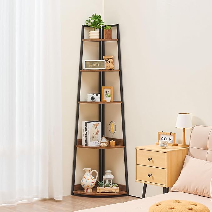 VEVOR 5 Tier Corner Shelf, Tall Corner Bookshelf Plant Rack, Wall Shelves Tower Storage Organizer with Metal Frame & Wooden Shelves, Narrow Display Book Shelf Rack for Bedroom, Living Room, Office