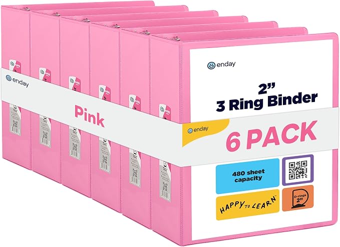 Enday 2 inch 3 Ring Binder (6 Pack - Pink) Binder 2 inch with Clear View Cover and 2 Inside Pocket - for Letter Size 8.5 x 11'' Paper, Ideal for School Supplies, Office, and Home