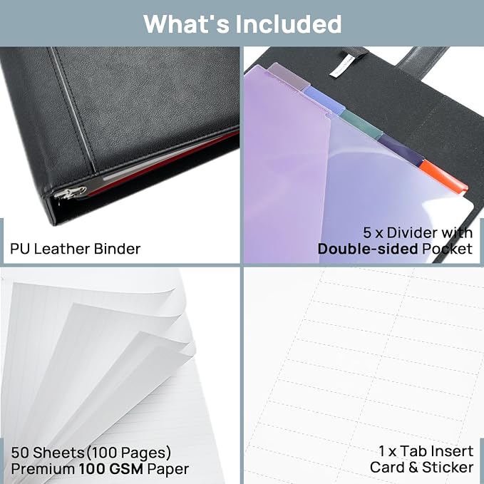 POPRUN 2 Inch PU Leather Portfolio Binder, Letter Size, Black | 2" Ring, Letter Size, PU Leather, Dividers, Document Organizer, Business, Meetings, Office