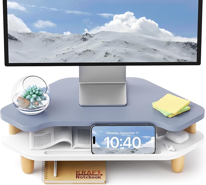 AFOOYO Monitor Stand Riser,2 Tier Corner Wood Sturdy 16.5In Computer Stand, Multi-Purpose Desktop Storage Stand for Laptop,PC,iMac,Printer,Computer,Blue