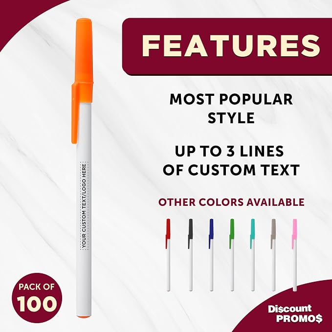DISCOUNT PROMOS Custom Value Stick Pens Set of 100, Personalized Bulk Pack - Black Ink, Great for Office, School, Business, Tradeshows, Events - Orange