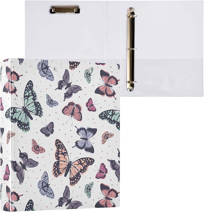 Butterfly Pastel Color Round Ring Binders 1.5 Inch Flora Insect Biology Natural 3 Ring Clipboard Binder for Office School Work Supplies File Folder 200 Sheet Capacity