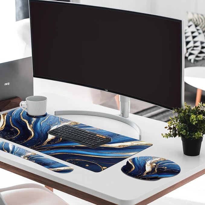 Keyboard Mouse Pad Set, 4 in 1 Desk Mat Set, Marble Blue | Gold Large Mousepad+Keyboard Wrist Rest+Mouse Wrist Rest+Coaster Ergonomic Design for Home Office Computer