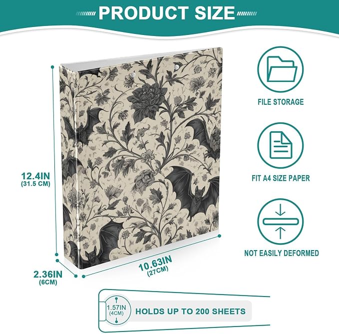 Goth Bat Round Ring Binders Floral (6) 1.5 Inch 3 Ring Binder with Clipboard Holds 200 Sheets Office Home School