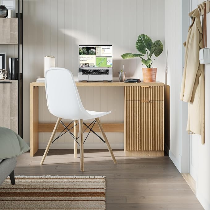 IDEALHOUSE Fluted Executive Desk with Drawers, 60" Modern Home Office Desk | with Storage Cabinet, Wood Fluted Computer Desks Workstation for Working, Studying, Writing, Natural Oak