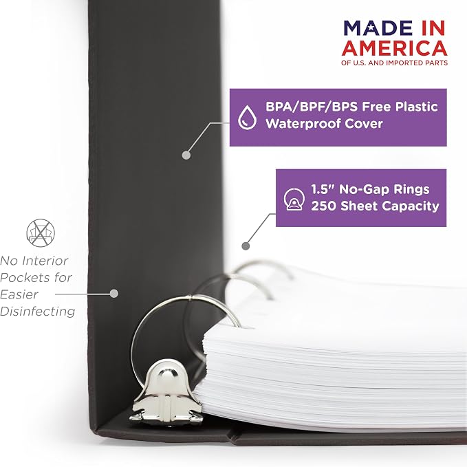 Carstens 1.5-Inch Heavy Duty 3-Ring Binder - Side Opening, Charcoal Gray, Durable Plastic, Precision No-Gap Rings, Waterproof Cover, No Pockets, Holds 250 Sheets, BPA-Free, Made in USA (2042-3R)