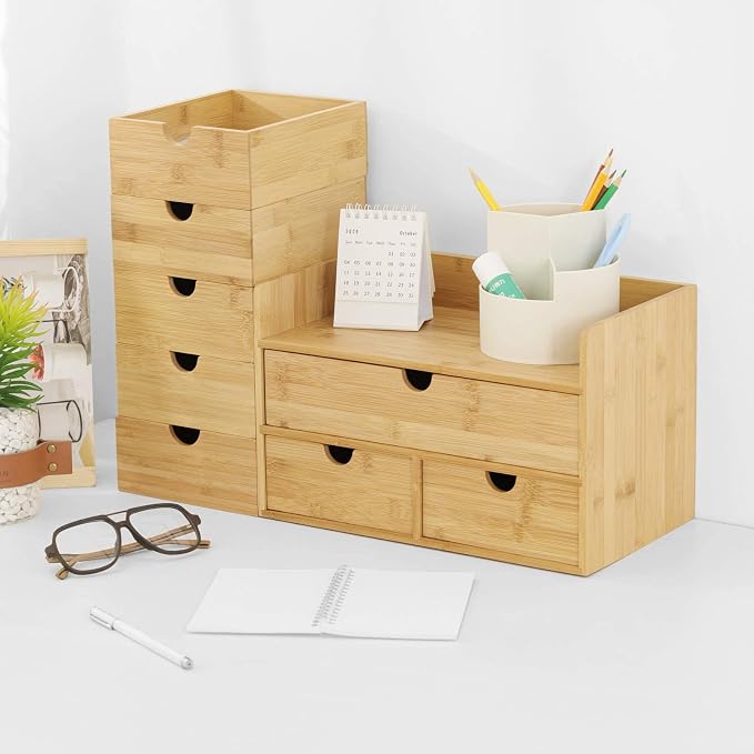 Bamboo Desk Organizer with Drawers, 3-Drawer Desktop Storage Box | 3 Drawers Open Top Tray Fully Assembled Stores Pens, Notes, Makeup, Jewelry & Toiletries for Office, Vanity & Bath