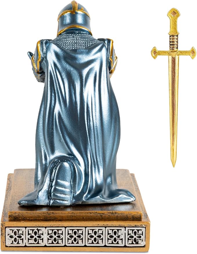 Medieval Knight Pen Holder with Sword, Kneeling King's Guard Warrior Pencil Stand Office Accessories Cool Fancy Desk Decor Gift for Men Dad Husband Boss Boyfriend Him- Leader Cloak Style