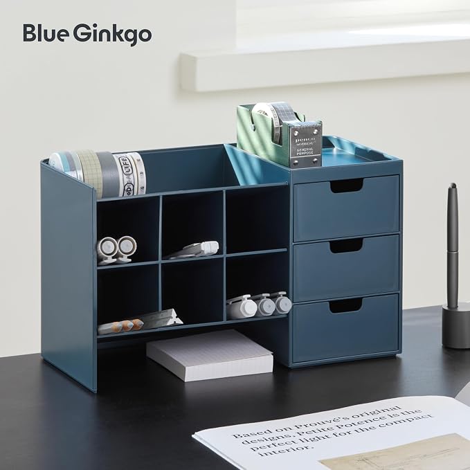 Blue Ginkgo Stackable Desk & Pen Organizer, Blue, Made in Korea | Multi-Compartment. 3 Drawers. Easy Access.