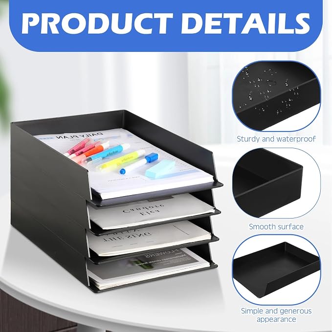 8 Pcs Stackable Paper Trays Rectangular Plastic Desk Holder Desktop Document File Organizer Storage Letter for Office Classroom (Black)