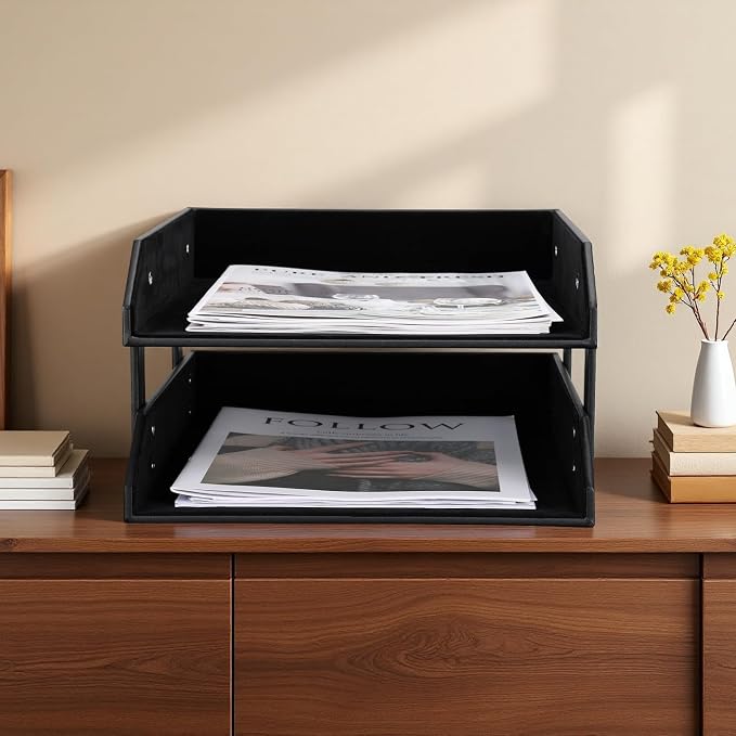 Letter Tray, Leather Paper Organizer Tray, Wooden Desk File Holder, Desktop File, Stackable Magazine Holder, Mail Sorter, Great for Home or Office - 2 Level Black