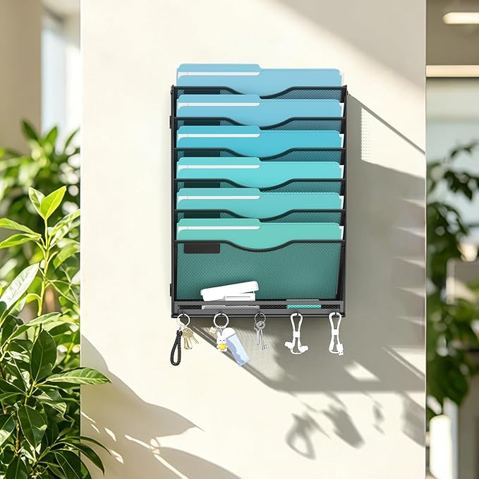Gawerk 7-Tier Wall File Organizer Hanging Wall File Holder Wall Mount Paper Folder Organize, Mesh Magazine Document Mail Organizer for Office School Home, Black