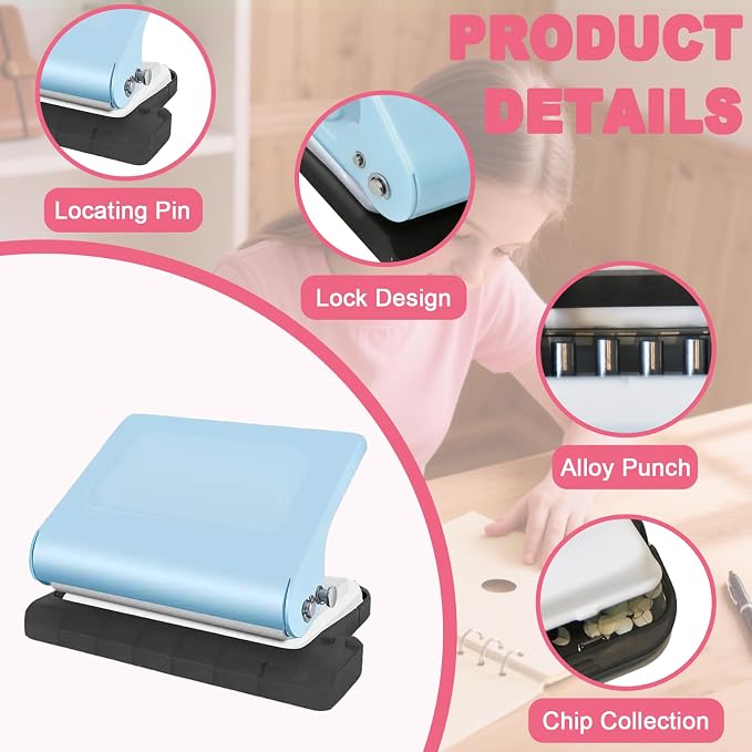 10 Hole Punch Binding Machine for Planner, Manual Binding System with 10 Multi-Color Binder Rings for Making 26 Holes on B5, 30 Holes on A4, 20 Holes on A5 Book, 10 Sheet Capacity (Blue)