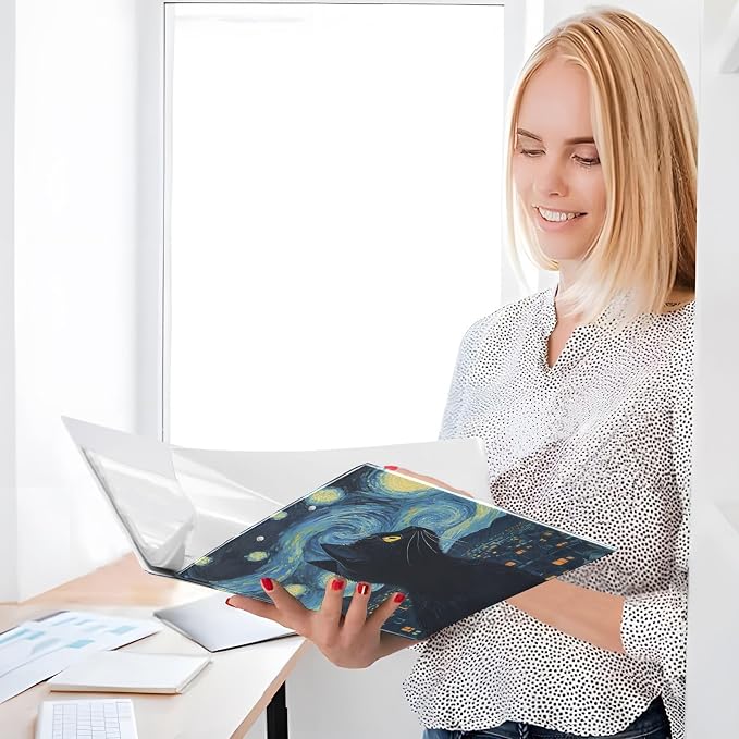 Starry Night Art Black Cat Binder 3 Ring 1.5 Inch Binder with Clipboard&Pockets, Hardcover Binders Heavy Duty Large File Folder for Office School Supplies - Holds 200 Sheets, 2 PC