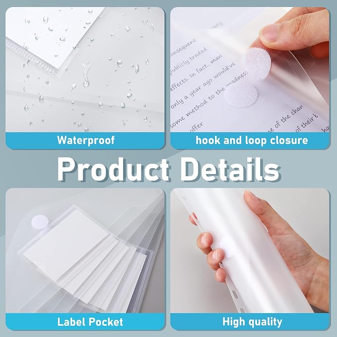 Yeaqee 100 Pcs Binder Pockets 11 Holes, Clear Poly Binder Envelopes with Hook Loop Closure and Label Pocket, Fits 8.5x11 Letter Size for 2/3/4 Ring Binders, Back to School Supplies