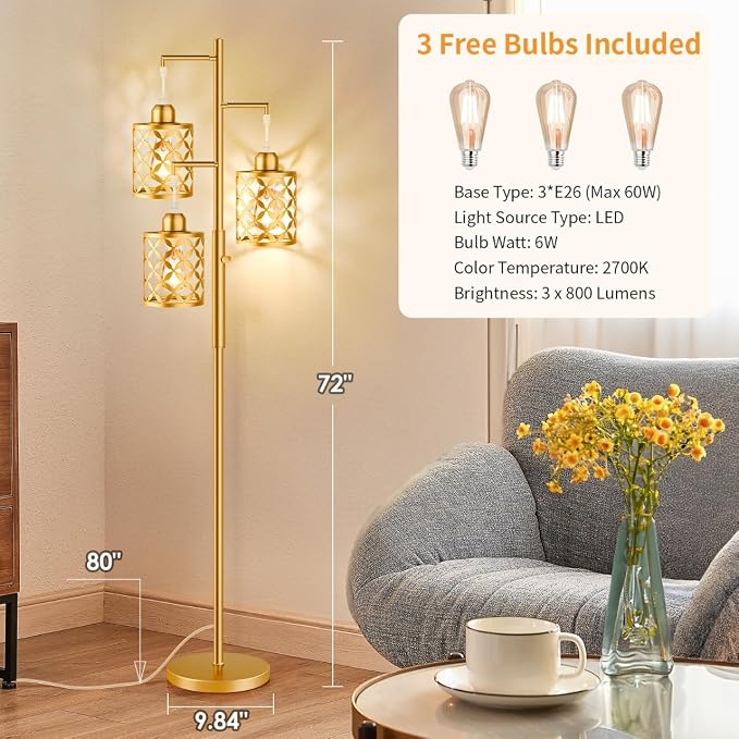 Dimmable Floor Lamp, Farmhouse Standing Lamp with Elegant Metal Cage, Industrial Tall Tree Floor Lamps for Living Room Bedroom Study Room Office, 3 x 800LM LED Bulbs Included - 72", Gold