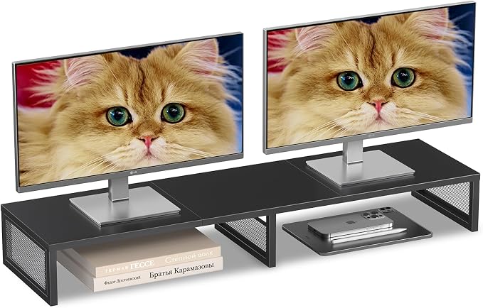 Dual Computer Monitor Stand Riser, Desk Organizers and Accessories, Printer & TV Stand, Desk Shelf, Office Desk Accessories & Desktop Workspace Organizer for Office Supplies, Black