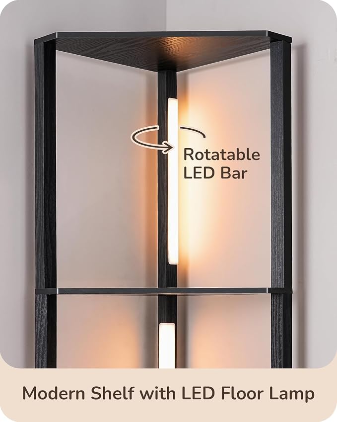 EDISHINE 64'' Corner Display Shelf Floor Lamp, 3CCT, Floor Lamp, Black | Stepless Dimming, Modern 4-Layer Shelf, Foot Switch, 3000K-4000K-5000K, Tall Corner Lamp for Bedroom, Office, Dining Room