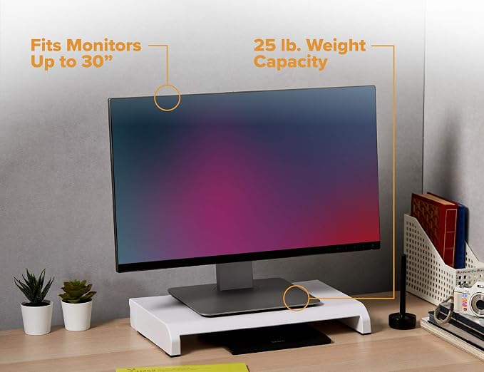 Bostitch Office Konnect Adjustable Monitor Stand Riser, 4 Height Adjustments, Built-In Cable Management, Rubber Feet - White