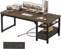 63" Computer Desk with Drawer, 1.2" Thick Reversible Office Desk | Modern Writing Table with Power Outlets & Storage Shelves, Heavy Duty Industrial Executive Desk for Home Bedroom Study Work
