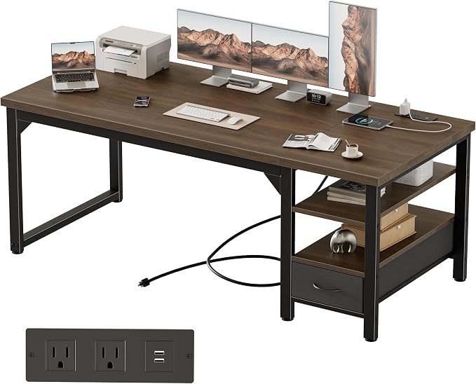 63" Computer Desk with Drawer, 1.2" Thick Reversible Office Desk | Modern Writing Table with Power Outlets & Storage Shelves, Heavy Duty Industrial Executive Desk for Home Bedroom Study Work